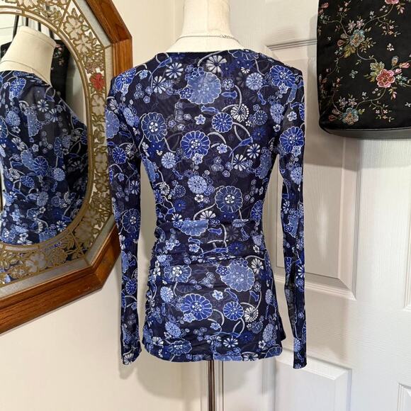 INC International Concepts Dark Blue Floral Mesh Ruched Long Sheer Sleeve Top - Picture 4 of 7